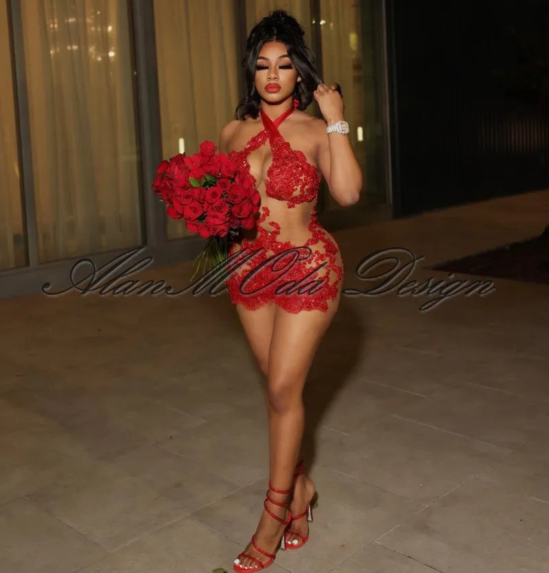 Sexy Red Birthday Dresses For Women Halter Applique Short Party Outfits Beading Mini Cocktail Gowns Vestidos De Gala Customized