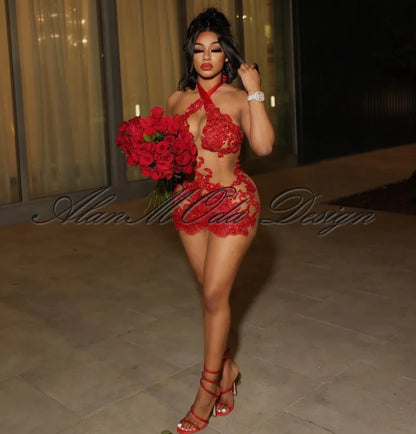 Sexy Red Birthday Dresses For Women Halter Applique Short Party Outfits Beading Mini Cocktail Gowns Vestidos De Gala Customized