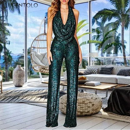 Sequins Sexy Jumpsuits Women Halter Fashion Summer Party Elegant Sleeveless Female New High Waist Street Straight Rompers