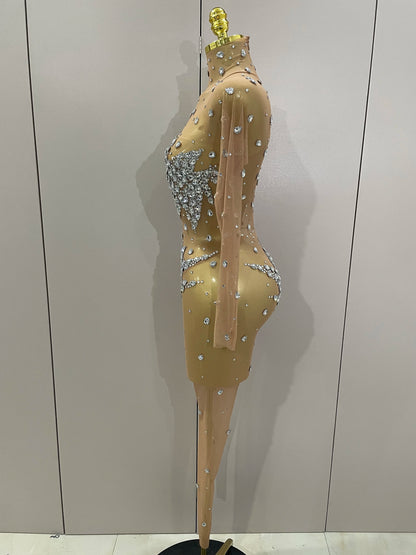 2026 Sparkly Diamonds High Stretch Mesh Jumpsuit Birthday Evening Party Bar Nightclub DJ Female Singer Stage Performance Costume
