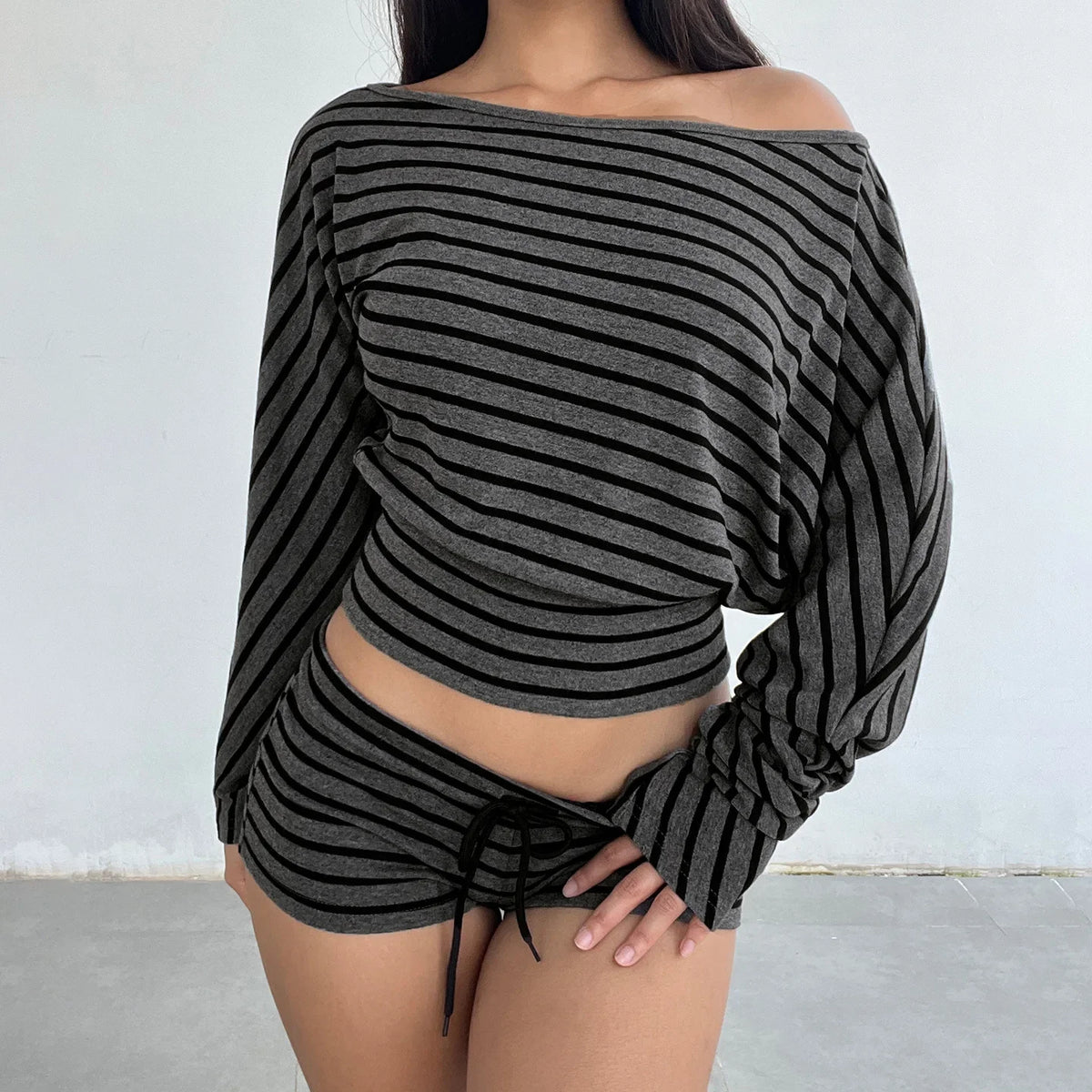 Women Autumn 2Piece Outfits Fall Stylish Long Sleeve Off Shoulder Striped Crop Tops and Elastic Waist Shorts Set Y2k Clothes New