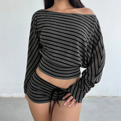 Women Autumn 2Piece Outfits Fall Stylish Long Sleeve Off Shoulder Striped Crop Tops and Elastic Waist Shorts Set Y2k Clothes New