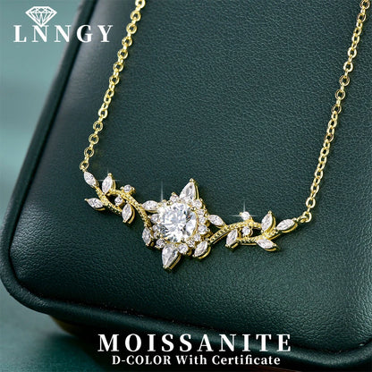 Lnngy Certificated Moissanite Necklace 14K Gold Filled Sophisticated Floral Leaf Pendant Necklaces for Women Wedding Jewelry