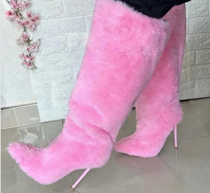 Lemon Yellow Fur Knee High Boots Women Full Fluffy Fur Pointed Toe Orange High Heels Winter Boots Female Fashion Warm Snow Shoes