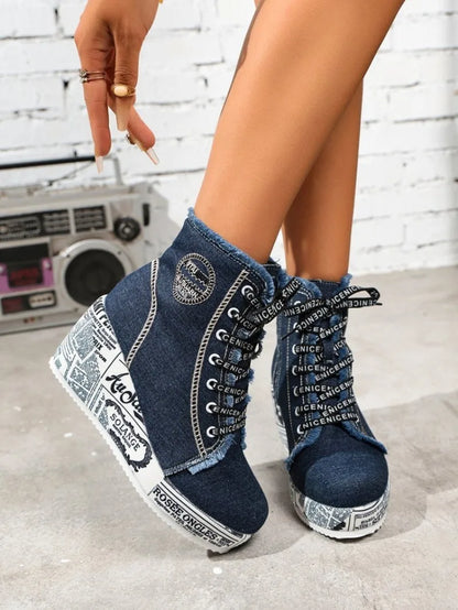 Women's Wedge Sneakers High Top Round Toe Denim-Look Lace-Up Side Zipper Letter Print Detail Casual Platform Ankle Boots 2026