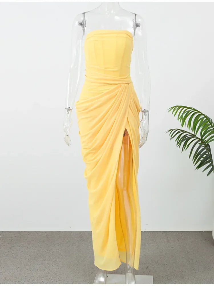 Solid Pleated Strapless Women's Dress Backless Off-shoulder High Waist Split Female Dresses 2026 Sexy Summer Evening Party Gown