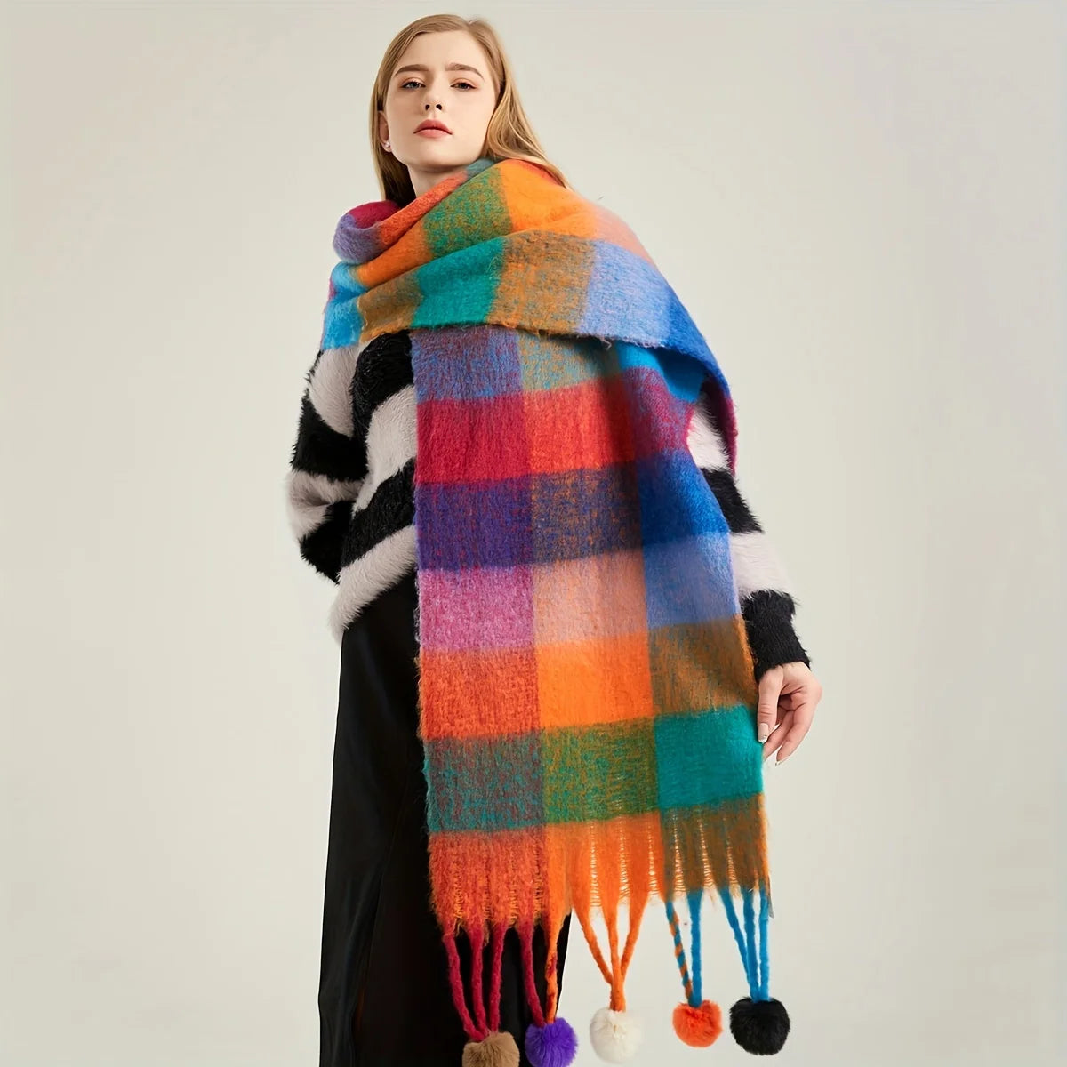 Winter Scarf Women Luxury Autumn Winter Cashmere Scarf Thickened Warm Shawl Classic Tassels Fluffy Scarf Plaid Color Soft Shawl