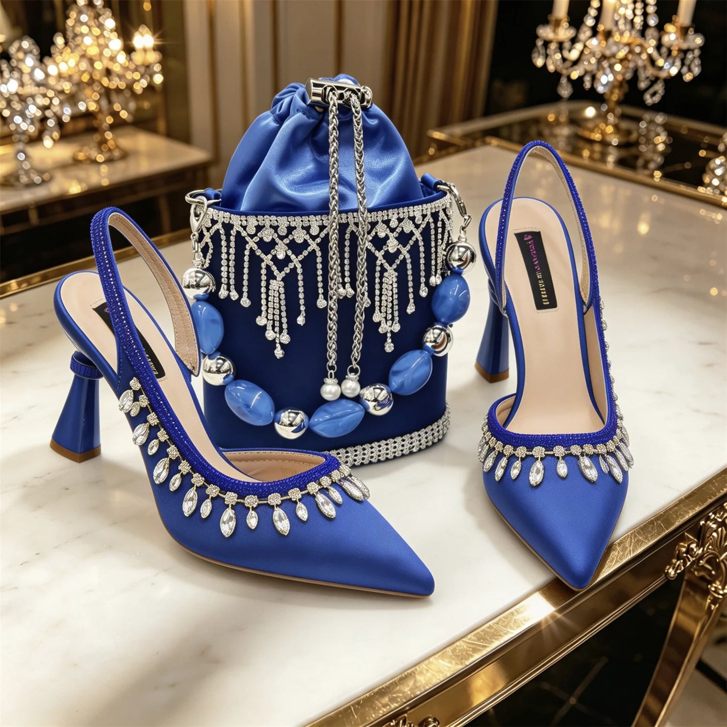 Royal Blue Bridal Shoe & Bag Set Sparkling Rhinestone Pointed Toe High Heels Slingback Pumps for Wedding Guest Prom Party