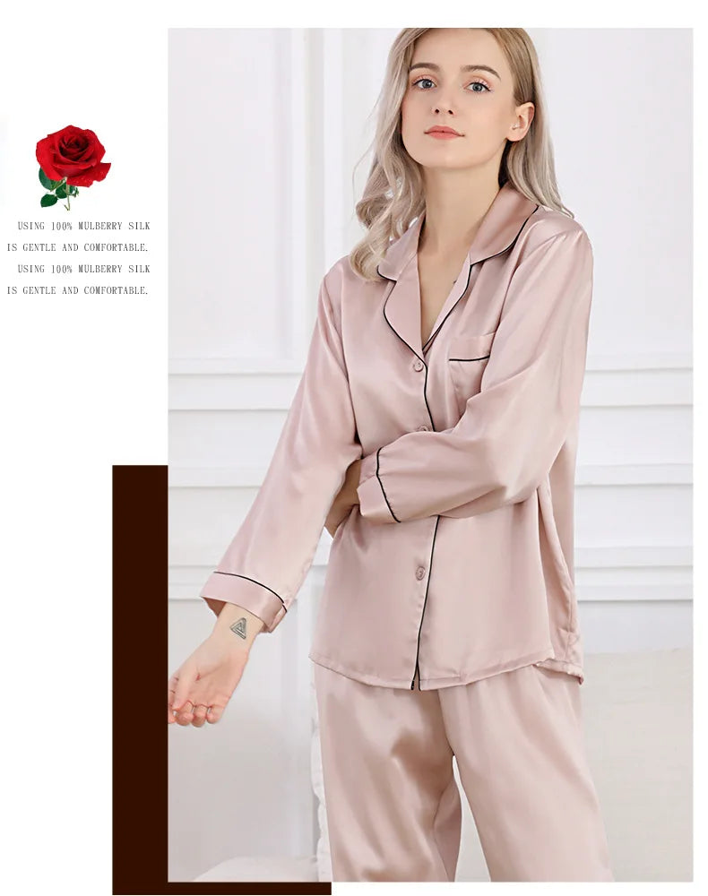 100% Mulberry Silk Pajamas Set for Women Long Sleeve Sleepwear Spring Summer Breathable Lounge Robe Comfortable Cool Silk