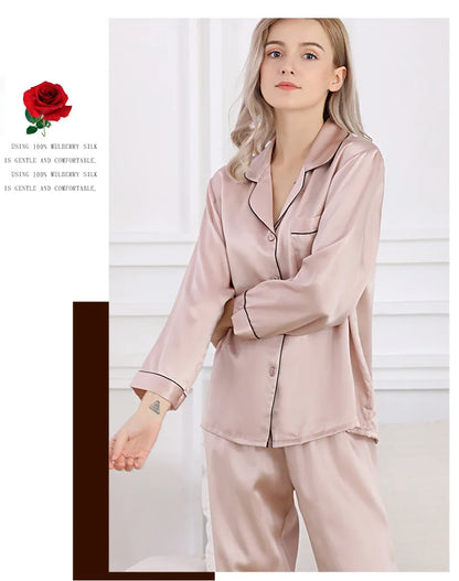 100% Mulberry Silk Pajamas Set for Women Long Sleeve Sleepwear Spring Summer Breathable Lounge Robe Comfortable Cool Silk