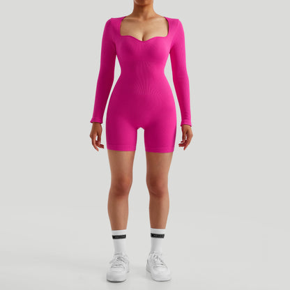 Women Jumpsuits Workout Seamless Yoga Ribbed Bodycon One Piece Sportwears Long Sleeve Short Leggings Romper Jumpsuit Femme