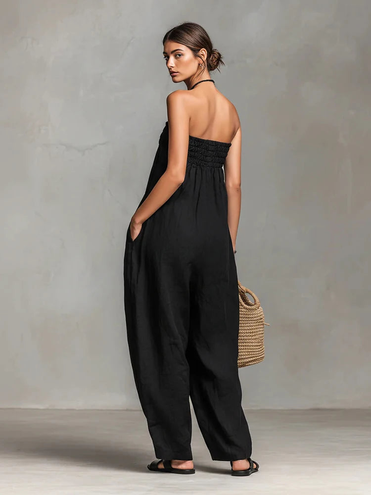 Women Strapless Wide Leg Jumpsuit Casual Cotton Linen Tube Top Romper Summer Beach Long Pants with Pockets Vacation Overalls