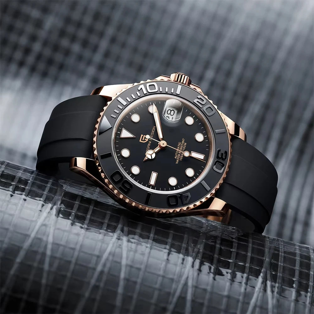 Hot Top PAGANI DESIGN Men Automatic Mechanical Watch Rose Gold Case Black Rubber Strap Dive Watch Sapphire Glass 100M Waterproof Luminous Date Sport Mens Wristwatch Relogio Masculino