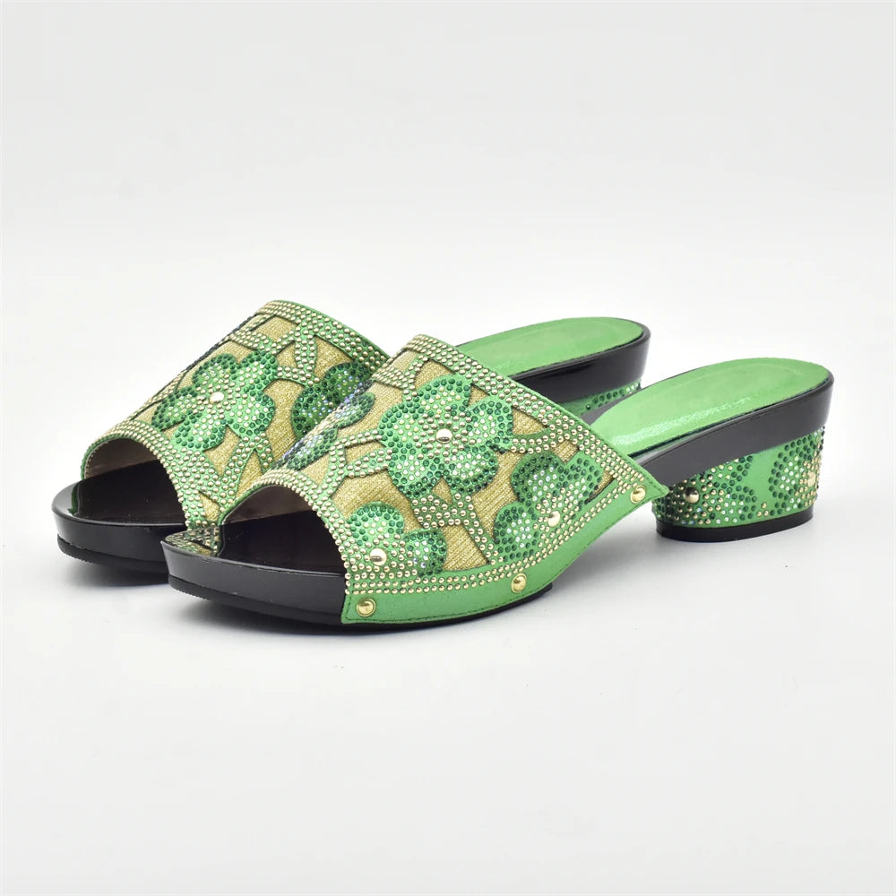 New Arrival Green Color Nigerian Shoes and Matching Bags Set Italian Ladies Shoes and Bags To Match Set Decorated with Rhinstone