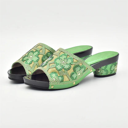 New Arrival Green Color Nigerian Shoes and Matching Bags Set Italian Ladies Shoes and Bags To Match Set Decorated with Rhinstone