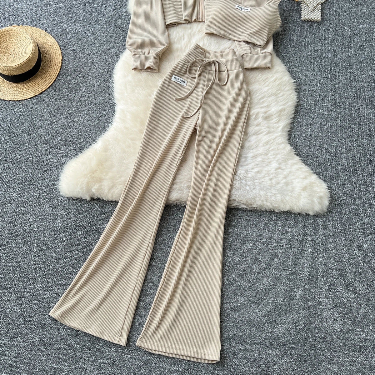 SINGREINY 2026 Autumn Sporty Suits Ladies Full Sleeves Hoodies+Sling Mini Camis+Drawstring Long Pants Casual Three Pieces Sets