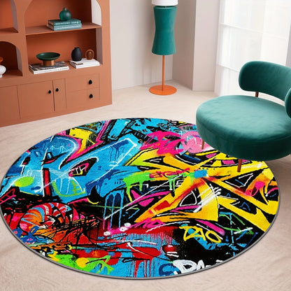 Hip Hop Street Graffiti Art Printed Round Carpet, Modern Cool Urban Style Anti-slip Rug for Entryway Lounge Bedroom Floor Decor