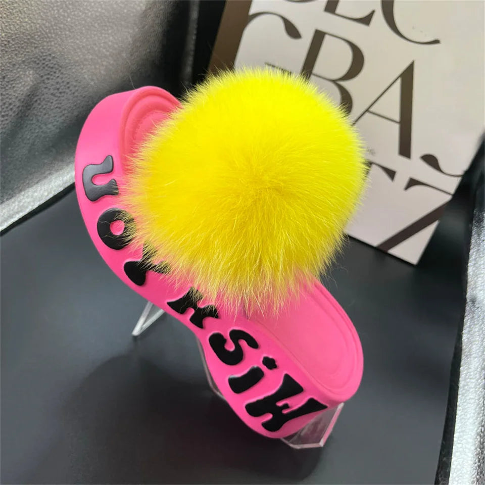 Real Fox Fur Slippers for Woman Luxury 2025 Slippers Summer Woman Sandals Thick Sole Pink Fur Slippers Fluffy Slides for Woman