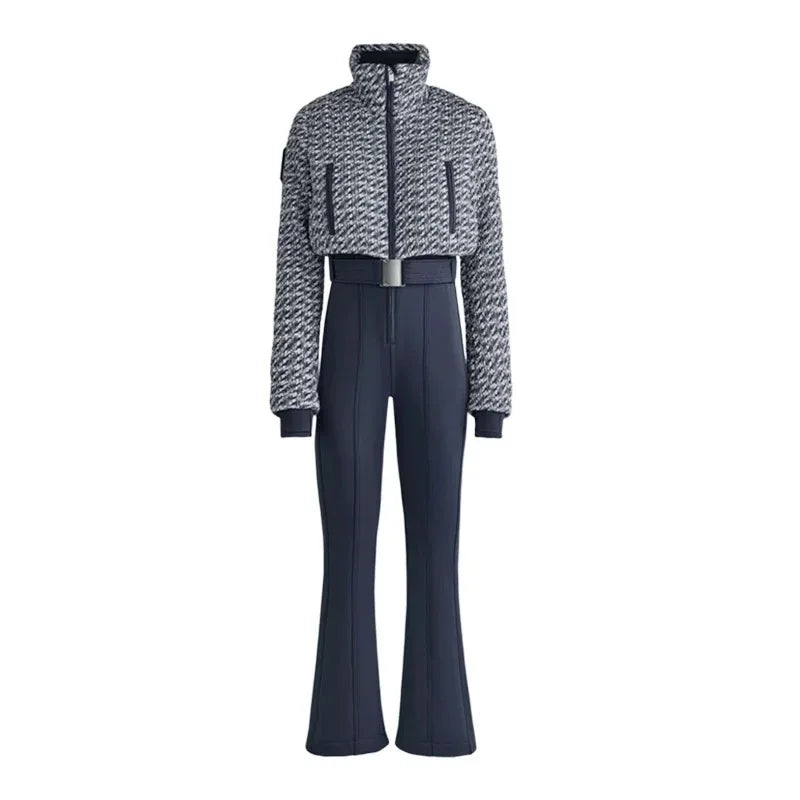 2026 Women's Elegant High Waist Thicken Ski Long Sports Jumpsuit Female Stand Collar Zipper Belt Romper Warm Waterproof Rompers