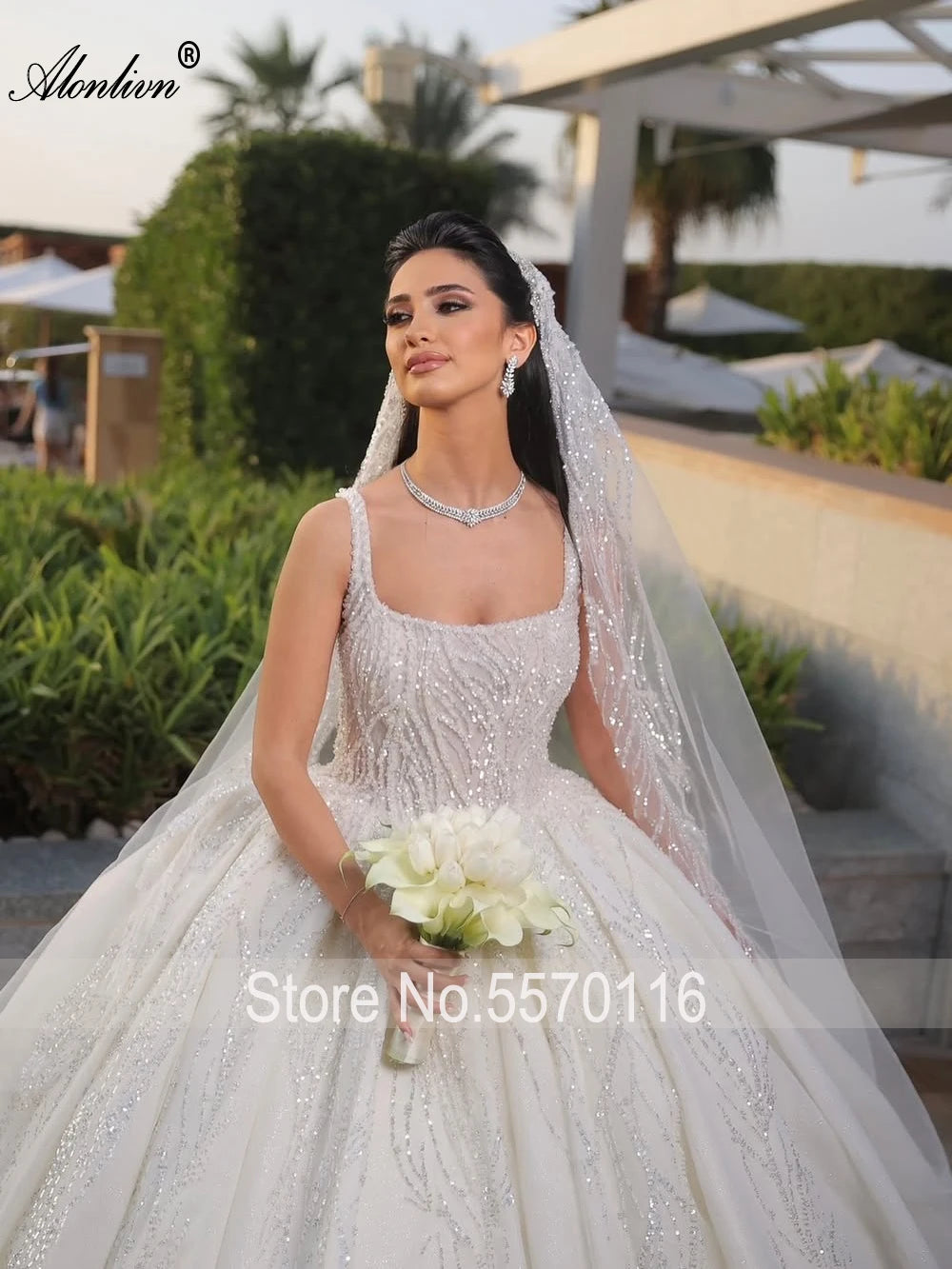 Alonlivn Custom Made Full Of Beading Embroidery Square Collar Wedding Dresses Delicate Lace Ball Gown Bridal Gowns
