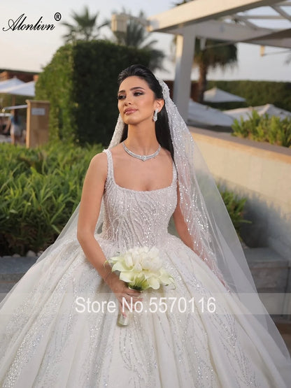 Alonlivn Custom Made Full Of Beading Embroidery Square Collar Wedding Dresses Delicate Lace Ball Gown Bridal Gowns