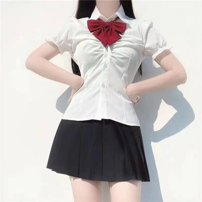 Summer Girls College Style Uniform Suit White Puff-Sleeve Shirt with Bow Slim Waist Skirt Set Women's Short-Sleeve Top And Skirt