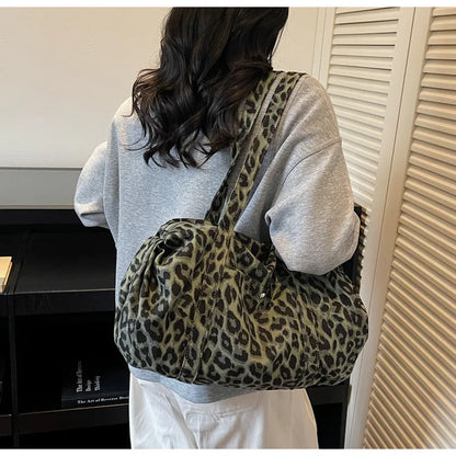 Trendy Leopard Print Canvas Shoulder Bag Large Capacity Fashion Tote Handle Bag for Daily Commute Versatile Texture Storage Bags