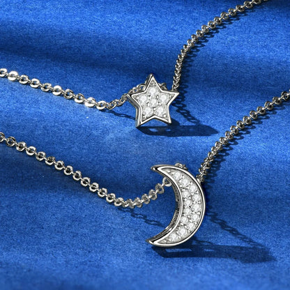 S925 Sterling Silver Moissanite Star Moon Layered Necklace Double Chain Crescent Pendant White Gold Color Gift for Women