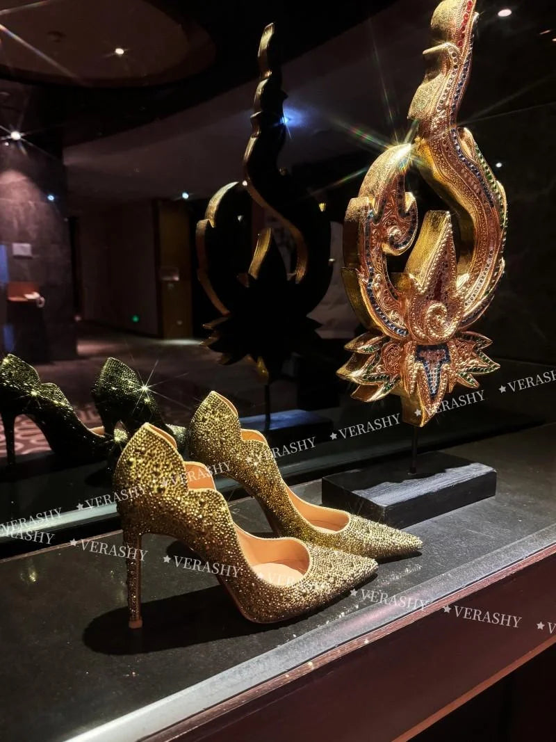 High Heels Women 2025 Spring New gold Sexy Pointy French Thin With Single Shoes Women Crystal Wedding Shoes Women Red Sole Shoe