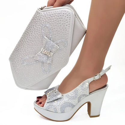 Newest Coming Pointed Toe Italian Design Italian Women Shoes Matching Bags in Silver Color for Wedding Nigerian Ladies Sandals