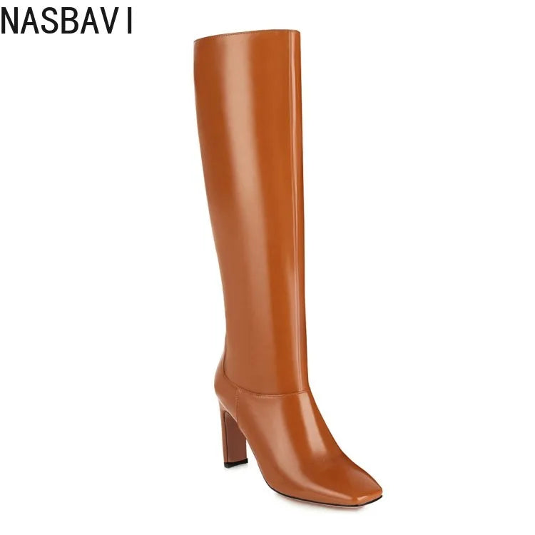 NASBAVI Women's Boots Autumn Winter Fashion New Style Sexy Knee-High Square Heel Square Toe Black Platform High 9cm Plus Size 48