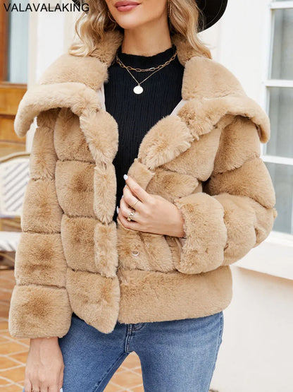 2026 Autumn Winter Turndown Collar Faux Fur Coat Women Casual Long Sleeve Fluffy Plush Jacket Khaki Thick Fake Fur Warm Cardigan
