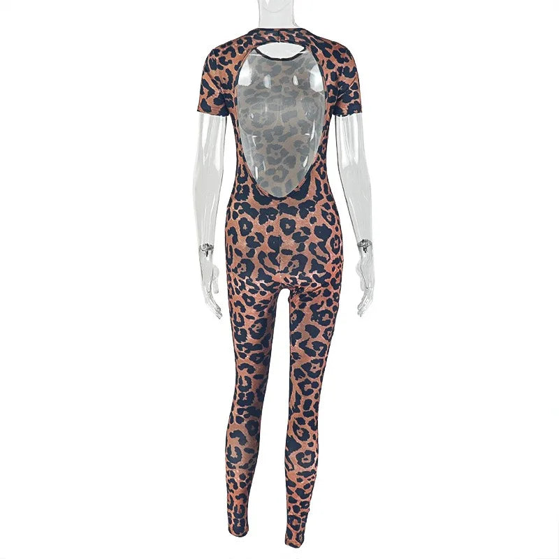 Popular Leopard Jumpsuits Sexy Mesh Thin Short Sleeve Round Neck Skinny Overalls Female Classic Attractive One Piece
