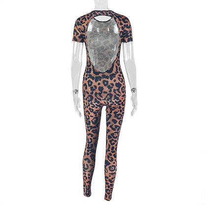 Popular Leopard Jumpsuits Sexy Mesh Thin Short Sleeve Round Neck Skinny Overalls Female Classic Attractive One Piece