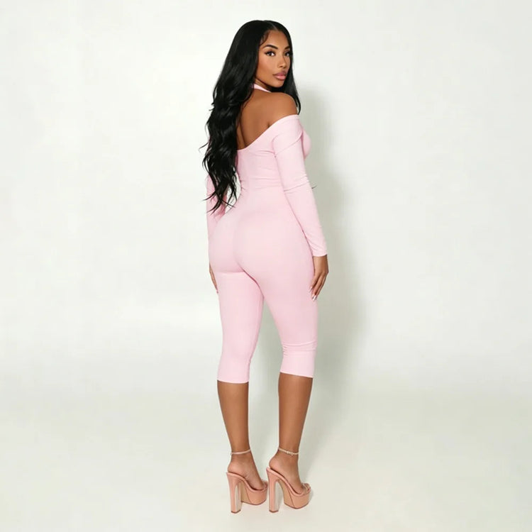 FLARORA Sexy Serpentine Print Jumpsuits Woman Halter Off-shoulder Full Sleeve Skinny Peach Hip Playsuits Hottie Party Clubwear