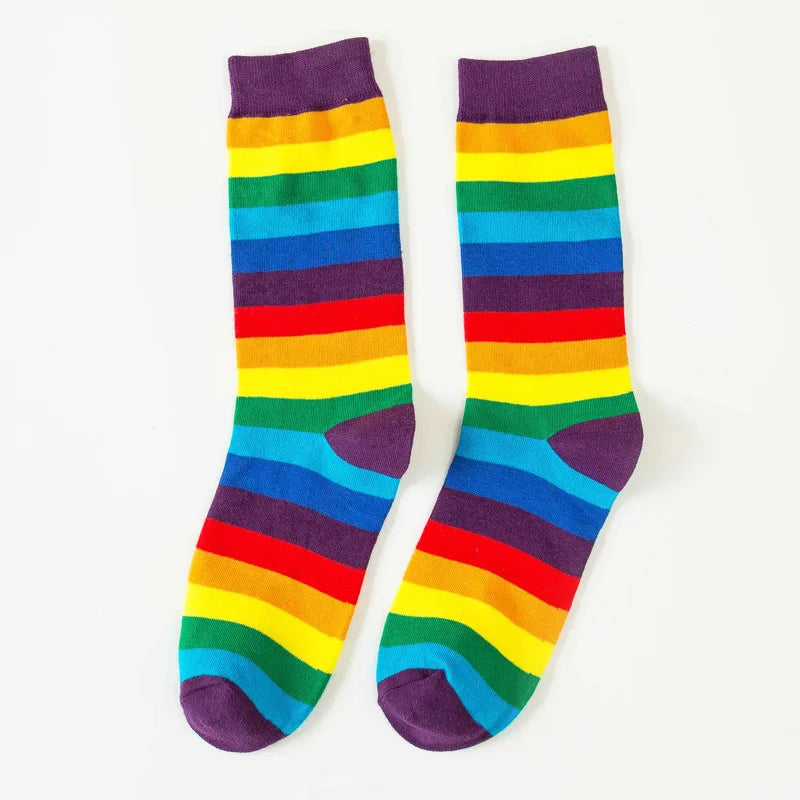Rainbow Striped Socks Colorful Fashion Women Middle Tube Long Socks Trendy Candy Colors Breathable Cotton Casual Sport Socks New