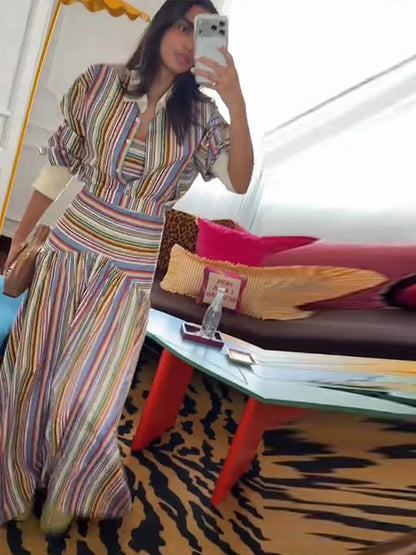 Elegant Colorful Stripe Shirt Skirt Set Women 2026 Puff Sleeve Lapel Shirts High Waist Long Skirts Autumn Lady All-matching Suit