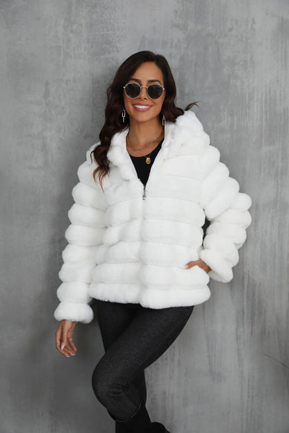 2026 Winter Hooded Plus Size Faux Fur Cropped Coat Women Furry Long Sleeve Plush Jacket Lady Large Fake Fur Warm Fluffy Cardigan