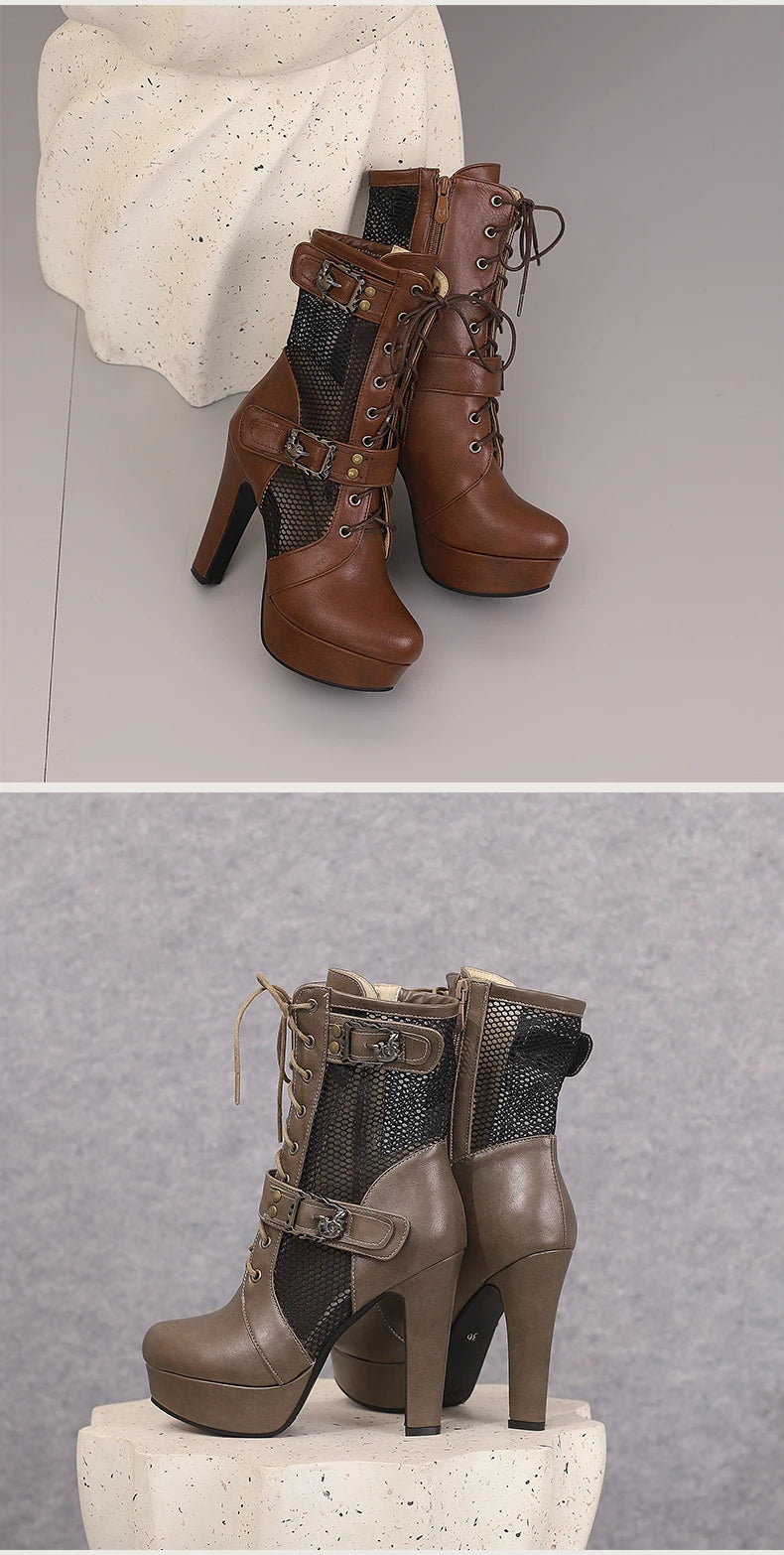Plus Size Hollowed Out Mesh Patchwork PU Cross Tie Side Zipper Summer Cool Mid-Calf Boots Platform Ultra-High Thick Heel Boots