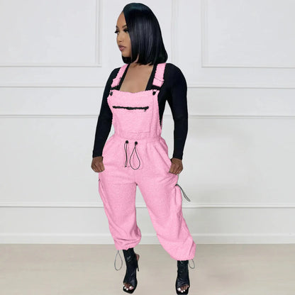 Lace Up Jumpsuit Women One Piece Jumpsuits Fur Rompers High Waist Spring Autumn Pants Mom Overalls Playsuits Elegant Pink