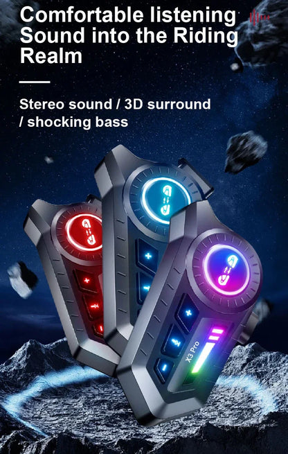 X3 Pro Motorcycle Helmet Bluetooth Headset 2-Riders Intercom 1000M BT6.0 IPX6 Waterproof Voice Assistant NoiseReduction FM Radio