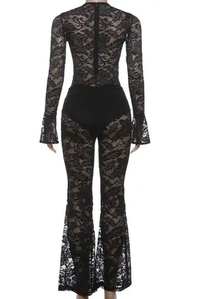 Two Piece Set Women Outfit 2026 Spring New Solid Color Buckle Splicing Lace Long Sleeve Top & High Waist Casual Flare Pants Set