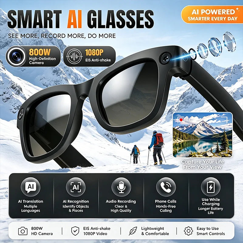 Smart Glasses with EIS Anti-shake 1080P Shooting Real-time Translation of Conversations Photos Long-lasting Music Smart Glasses
