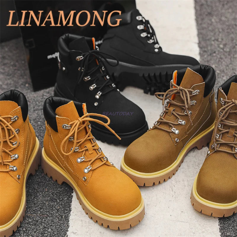 Yellow Workwear Boots Fashionable Front Strap Design Patchwork Thick Sole Buckle Decoration Anti Slip Couple's Short Boots