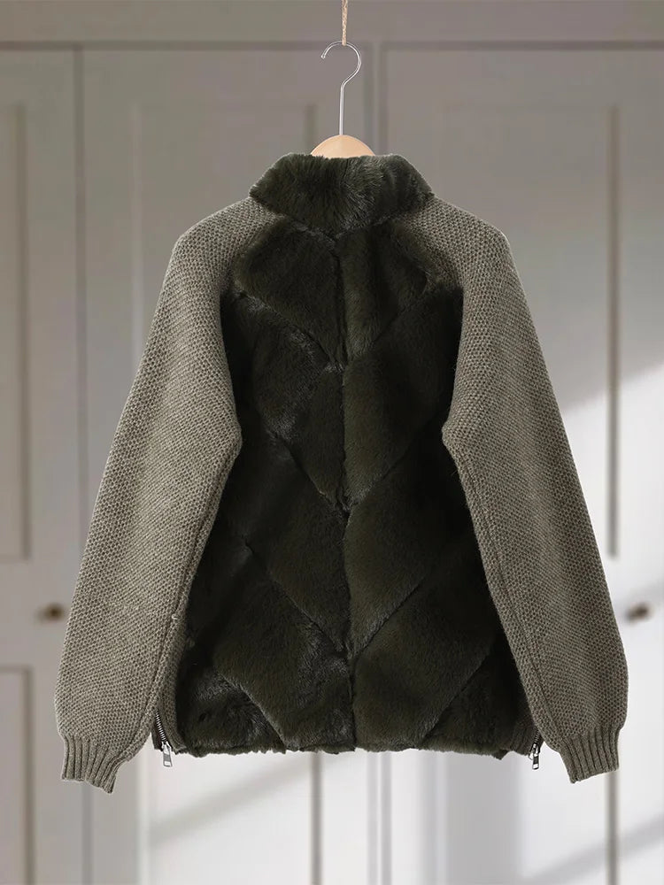Knit Long Sleeve Faux Fur Patchwork Jacket Coat Women Zipper 20256Winter Fashion Warm Female Cardigans Commute Lady Outwear Tops