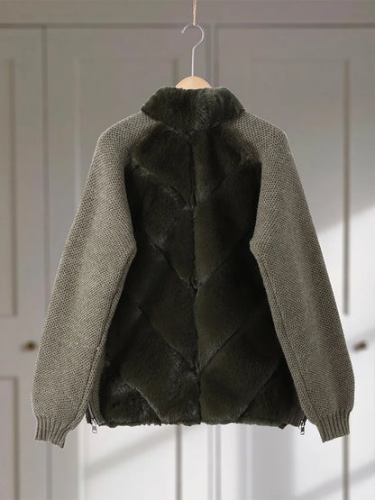 Knit Long Sleeve Faux Fur Patchwork Jacket Coat Women Zipper 20256Winter Fashion Warm Female Cardigans Commute Lady Outwear Tops