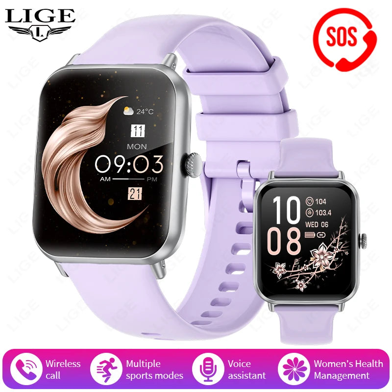 LIGE Fashion 1.83" HD Screen Smart Watch Women Bluetooth Call IP68 Waterproof Ladies Watches Daily Health Monitor Smartwatch New
