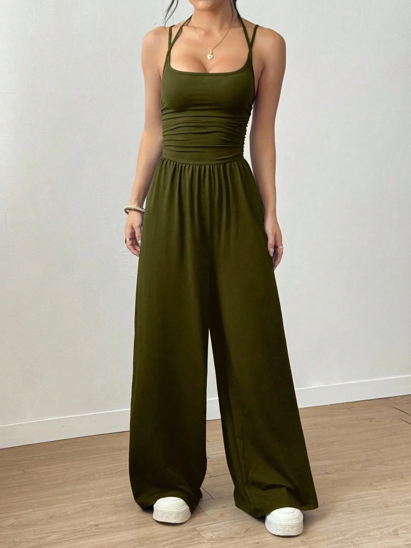 Women Halter Spaghetti Strap Jumpsuits Summer Casual Elastic High Waist Backless Wide Leg Long Pants Romper Club Party Overalls