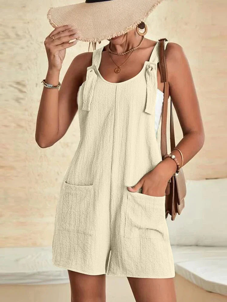 Women Summer Casual Pockets Short Rompers Elegant Solid Sleeveless Tie Knot Strap Jumpsuits Vintage Harajuku Loose Overalls