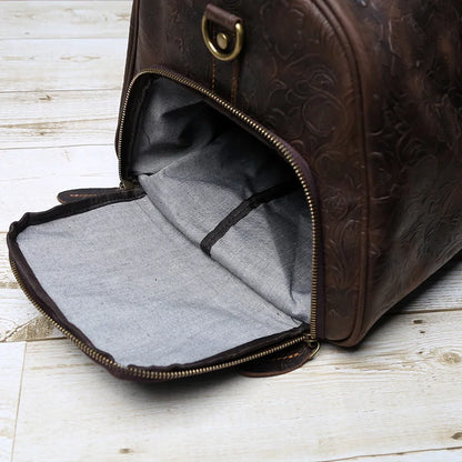 Vintage Embossed Tote High-Capacity Leather For A Short Trip Baotou Leather Belt Shoe Compartment Clothes Duffel Bag Gym Bag